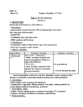 Kế hoạch bài dạy Tiếng Anh Lớp 1 - Tuần 10. Unit 4: In the bedroom - Lesson 1. Period 10 - Năm học 2024-2025 - Trịnh Thị Thúy Hạnh
