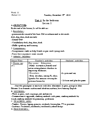 Kế hoạch bài dạy Tiếng Anh Lớp 1 - Tuần 11. Unit 4: In the bedroom - Lesson 1. Period 11 - Năm học 2024-2025 - Trịnh Thị Thúy Hạnh