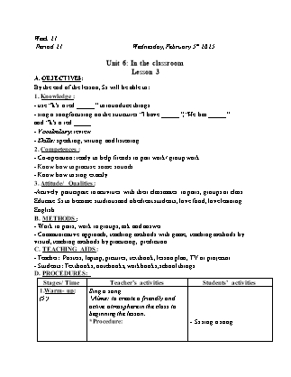 Kế hoạch bài dạy Tiếng Anh Lớp 1 - Tuần 21. Unit 6: In the classroom - Lesson 3. Period 21 - Năm học 2024-2025 - Trịnh Thị Thúy Hạnh
