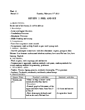 Kế hoạch bài dạy Tiếng Anh Lớp 1 - Tuần 22 - Review 2: Phil and sue - Năm học 2024-2025 - Trịnh Thị Thúy Hạnh