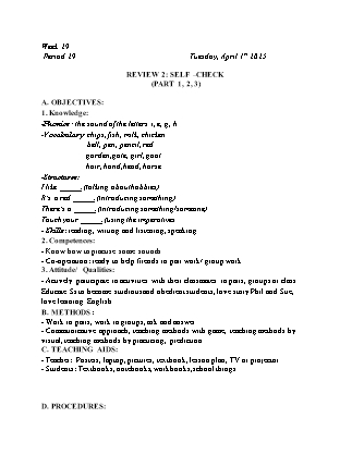 Kế hoạch bài dạy Tiếng Anh Lớp 1 - Tuần 29 - Review 2: Self check - Năm học 2024-2025 - Trịnh Thị Thúy Hạnh