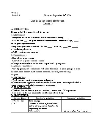 Kế hoạch bài dạy Tiếng Anh Lớp 1 - Tuần 3. Unit 1: In the school playground - Lesson 3. Period 3 - Năm học 2024-2025 - Trịnh Thị Thúy Hạnh