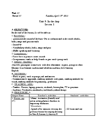 Kế hoạch bài dạy Tiếng Anh Lớp 1 - Tuần 31. Unit 9: In the shop - Lesson 1. Period 31 - Năm học 2024-2025 - Trịnh Thị Thúy Hạnh