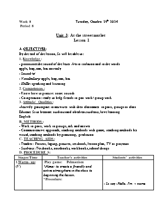 Kế hoạch bài dạy Tiếng Anh Lớp 1 - Tuần 8. Unit 3: At the street market - Lesson 1. Period 8 - Năm học 2024-2025 - Trịnh Thị Thúy Hạnh