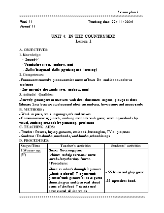 Kế hoạch bài dạy Tiếng Anh Lớp 2 - Tuần 11. Unit 4: In the countryside - Lesson 1. Period 11 - Năm học 2024-2025 - Đinh Thị Linh Nhâm