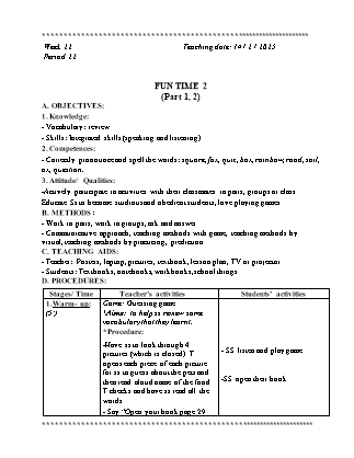 Kế hoạch bài dạy Tiếng Anh Lớp 2 - Tuần 22 - Fun time 2 - Năm học 2024-2025 - Đinh Thị Linh Nhâm