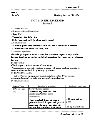 Kế hoạch bài dạy Tiếng Anh Lớp 2 - Tuần 4. Unit 2: In the backyard - Lesson 1. Period 4 - Năm học 2024-2025 - Đinh Thị Linh Nhâm