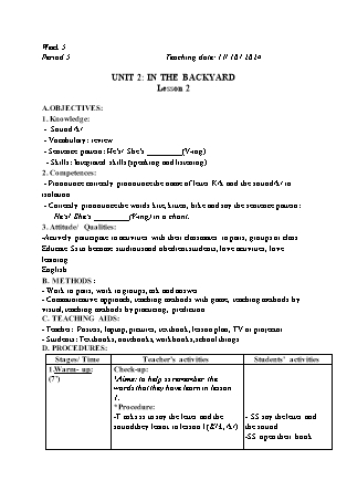 Kế hoạch bài dạy Tiếng Anh Lớp 2 - Tuần 5. Unit 2: In the backyard - Lesson 2. Period 5 - Năm học 2024-2025 - Đinh Thị Linh Nhâm