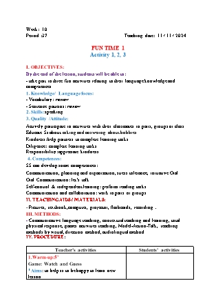 Kế hoạch bài dạy Tiếng Anh Lớp 3 - Tuần 10 - Fun time 1 + Unit 6 - Năm học 2024-2025 - Đinh Thị Linh Nhâm