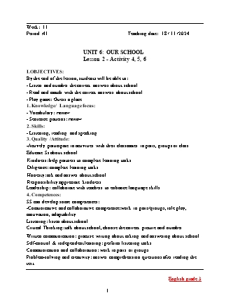 Kế hoạch bài dạy Tiếng Anh Lớp 3 - Tuần 11 - Unit 6 + Unit 7 - Năm học 2024-2025 - Đinh Thị Linh Nhâm
