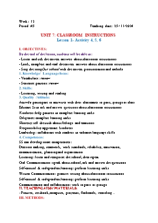 Kế hoạch bài dạy Tiếng Anh Lớp 3 - Tuần 12 - Unit 7: Classroom instruction - Năm học 2024-2025 - Đinh Thị Linh Nhâm