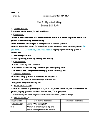 Kế hoạch bài dạy Tiếng Anh Lớp 3 - Tuần 14 - Unit 8 + Unit 9 - Năm học 2024-2025 - Trịnh Thị Thúy Hạnh