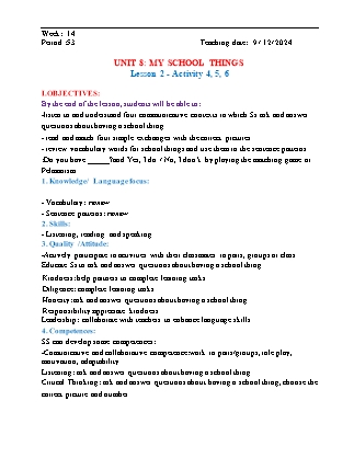 Kế hoạch bài dạy Tiếng Anh Lớp 3 - Tuần 14 - Unit 8 + Unit 9 - Năm học 2024-2025 - Đinh Thị Linh Nhâm