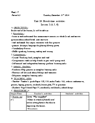 Kế hoạch bài dạy Tiếng Anh Lớp 3 - Tuần 17 - Unit 10 + Review 2 - Năm học 2024-2025 - Trịnh Thị Thúy Hạnh