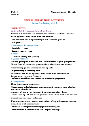 Kế hoạch bài dạy Tiếng Anh Lớp 3 - Tuần 17 - Unit 10 + Review 2 - Năm học 2024-2025 - Đinh Thị Linh Nhâm