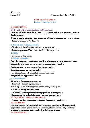 Kế hoạch bài dạy Tiếng Anh Lớp 3 - Tuần 19 - Unit 11: My family - Năm học 2024-2025 - Đinh Thị Linh Nhâm