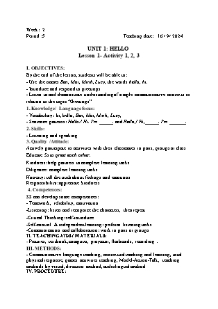 Kế hoạch bài dạy Tiếng Anh Lớp 3 - Tuần 2 - Unit 1: Hello - Năm học 2024-2025 - Đinh Thị Linh Nhâm