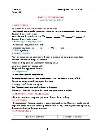 Kế hoạch bài dạy Tiếng Anh Lớp 3 - Tuần 24 - Unit 14: My bedroom - Năm học 2024-2025 - Đinh Thị Linh Nhâm