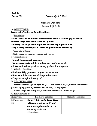 Kế hoạch bài dạy Tiếng Anh Lớp 3 - Tuần 29 - Unit 17: Our toys - Năm học 2024-2025 - Trịnh Thị Thúy Hạnh