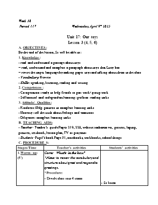 Kế hoạch bài dạy Tiếng Anh Lớp 3 - Tuần 30 - Unit 17 + Unit 18 - Năm học 2024-2025 - Trịnh Thị Thúy Hạnh