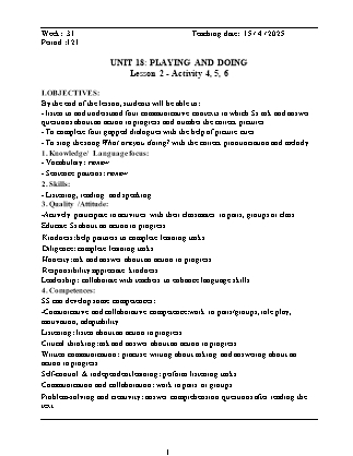 Kế hoạch bài dạy Tiếng Anh Lớp 3 - Tuần 31 - Unit 18 + Unit 19 - Năm học 2024-2025 - Đinh Thị Linh Nhâm