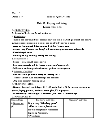 Kế hoạch bài dạy Tiếng Anh Lớp 3 - Tuần 31 - Unit 18 + Unit 19 - Năm học 2024-2025 - Trịnh Thị Thúy Hạnh