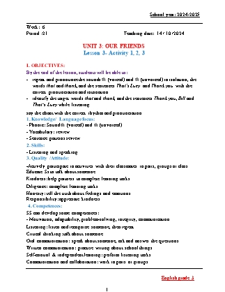 Kế hoạch bài dạy Tiếng Anh Lớp 3 - Tuần 6 - Unit 3 + Unit 4 - Năm học 2024-2025 - Đinh Thị Linh Nhâm