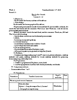 Kế hoạch bài dạy Tiếng Anh Lớp 3 - Tuần 6 - Unit 3 + Unit 4 - Năm học 2024-2025 - Trịnh Thị Thúy Hạnh