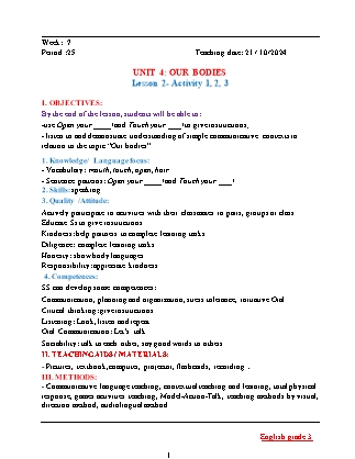 Kế hoạch bài dạy Tiếng Anh Lớp 3 - Tuần 7 - Unit 3 + Unit 4 - Năm học 2024-2025 - Đinh Thị Linh Nhâm