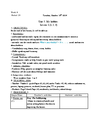 Kế hoạch bài dạy Tiếng Anh Lớp 3 - Tuần 8 - Unit 5: My hobbies - Năm học 2024-2025 - Trịnh Thị Thúy Hạnh