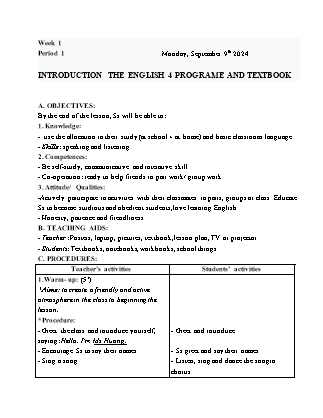 Kế hoạch bài dạy Tiếng Anh Lớp 4 - Tuần 1: Starter - Năm học 2024-2025 - Trịnh Thị Thúy Hạnh
