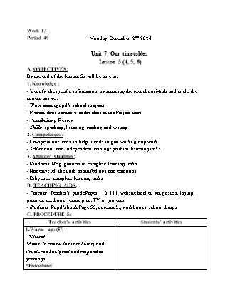 Kế hoạch bài dạy Tiếng Anh Lớp 4 - Tuần 13 - Unit 7 + Unit 8 - Năm học 2024-2025 - Trịnh Thị Thúy Hạnh