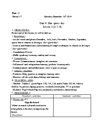 Kế hoạch bài dạy Tiếng Anh Lớp 4 - Tuần 15 - Unit 9: Our sports day - Năm học 2024-2025 - Trịnh Thị Thúy Hạnh