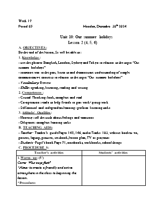 Kế hoạch bài dạy Tiếng Anh Lớp 4 - Tuần 17 - Unit 10 + Review 2 - Năm học 2024-2025 - Trịnh Thị Thúy Hạnh
