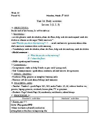Kế hoạch bài dạy Tiếng Anh Lớp 4 - Tuần 25 - Unit 14: Daily activities - Năm học 2024-2025 - Trịnh Thị Thúy Hạnh