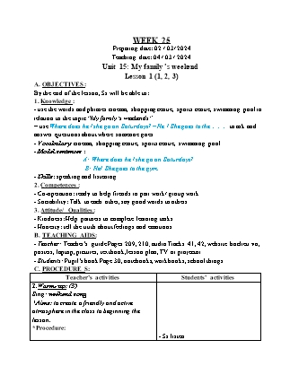 Kế hoạch bài dạy Tiếng Anh Lớp 4 - Tuần 26 - Unit 15: My family’s weekend - Năm học 2024-2025 - Trịnh Thị Thúy Hạnh