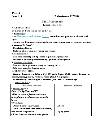 Kế hoạch bài dạy Tiếng Anh Lớp 4 - Tuần 29 - Unit 17: In the city - Năm học 2024-2025 - Trịnh Thị Thúy Hạnh