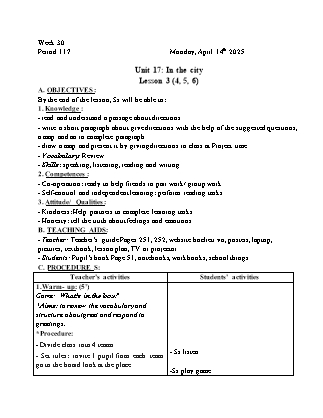 Kế hoạch bài dạy Tiếng Anh Lớp 4 - Tuần 30 - Unit 17 + Unit 18 - Năm học 2024-2025 - Trịnh Thị Thúy Hạnh