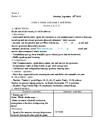 Kế hoạch bài dạy Tiếng Anh Lớp 4 - Tuần 4 - Unit 2: Time and daily routines - Năm học 2024-2025 - Trịnh Thị Thúy Hạnh