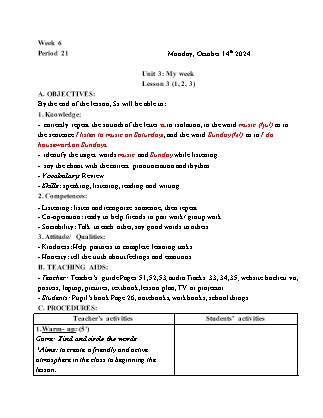 Kế hoạch bài dạy Tiếng Anh Lớp 4 - Tuần 6 - Unit 3 + Unit 4 - Năm học 2024-2025 - Trịnh Thị Thúy Hạnh