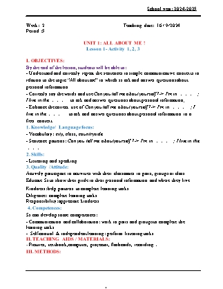 Kế hoạch bài dạy Tiếng Anh Lớp 5 - Tuần 2 - Unit 1: All about me - Năm học 2024-2025 - Đinh Thị Linh Nhâm