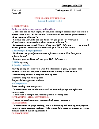 Kế hoạch bài dạy Tiếng Anh Lớp 5 - Tuần 22 - Unit 12: Our Tet holiday - Năm học 2024-2025 - Đinh Thị Linh Nhâm