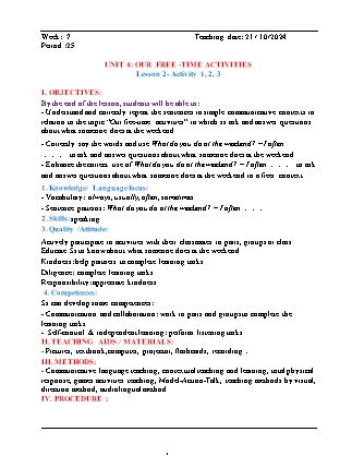 Kế hoạch bài dạy Tiếng Anh Lớp 5 - Tuần 7 - Unit 4: Our free time activies - Năm học 2024-2025 - Đinh Thị Linh Nhâm