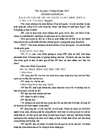 Kế hoạch bài dạy Tự nhiên và Xã hội & Đạo đức Lớp 1 + Lớp 3 - Tuần 31 - Năm học 2024-2025 - Trần Thị Thúy Hà