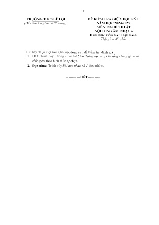 Đề kiểm tra giữa học kì I Âm nhạc 6 - Năm học 2024-2025 - Trường THCS Lê Lợi (Có hướng dẫn chấm)