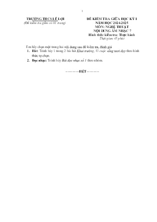 Đề kiểm tra giữa học kì I Âm nhạc 7 - Năm học 2024-2025 - Trường THCS Lê Lợi (Có hướng dẫn chấm)