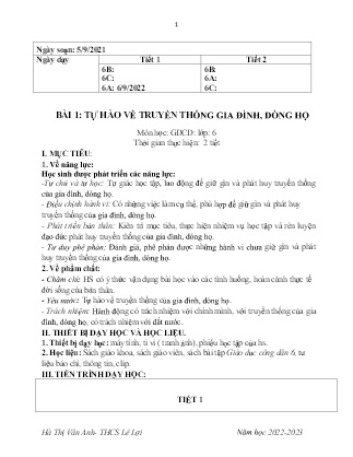Giáo án GDCD 6 - Tuần 1, Bài 1: Tự hào về truyền thống gia đình, dòng họ - Năm học 2022-2023 - Hà Thị Vân Anh