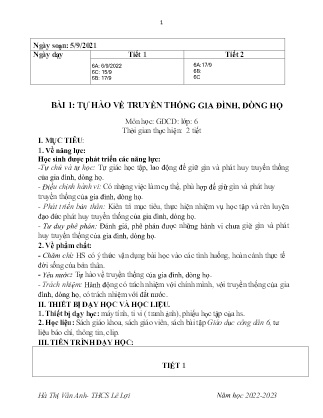Giáo án GDCD 6 - Tuần 2, Bài 1: Tự hào về truyền thống gia đình, dòng họ - Năm học 2022-2023 - Hà Thị Vân Anh