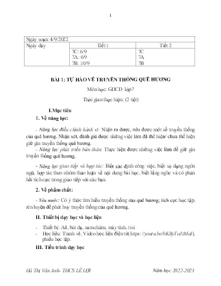 Giáo án GDCD 7 - Tuần 1, Bài 1: Tự hào về truyền thống quê hương - Năm học 2022-2023 - Hà Thị Vân Anh