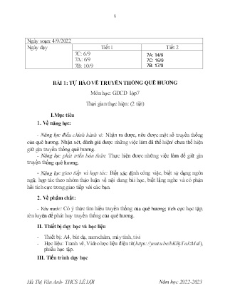 Giáo án GDCD 7 - Tuần 2, Bài 1: Tự hào về truyền thống quê hương - Năm học 2022-2023 - Hà Thị Vân Anh
